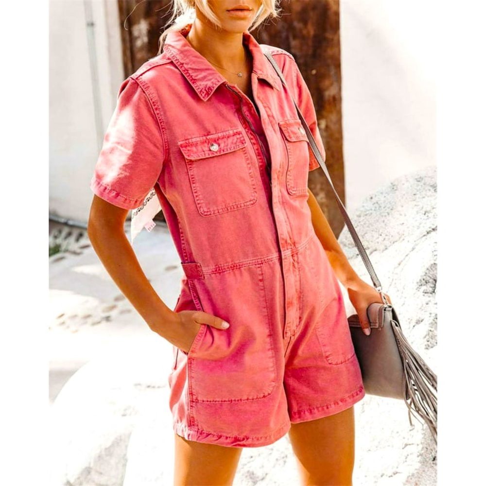 Pink Denim Zip Up Utility Shorts Jumpsuit